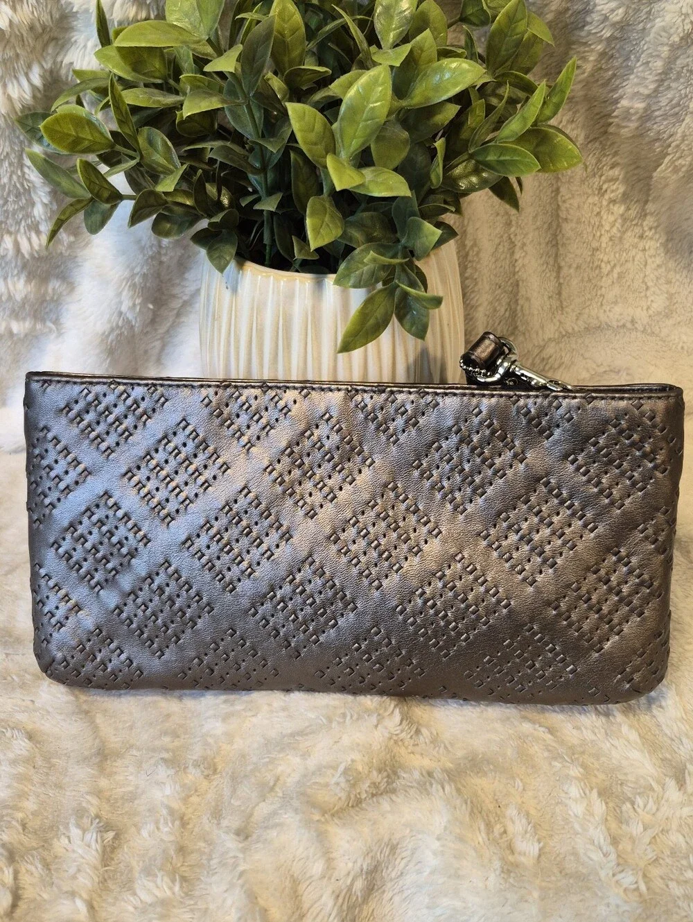 NEW Coach Madison Wristlet Pewter Metallic Woven Leather Wallet Clutch Zip Close